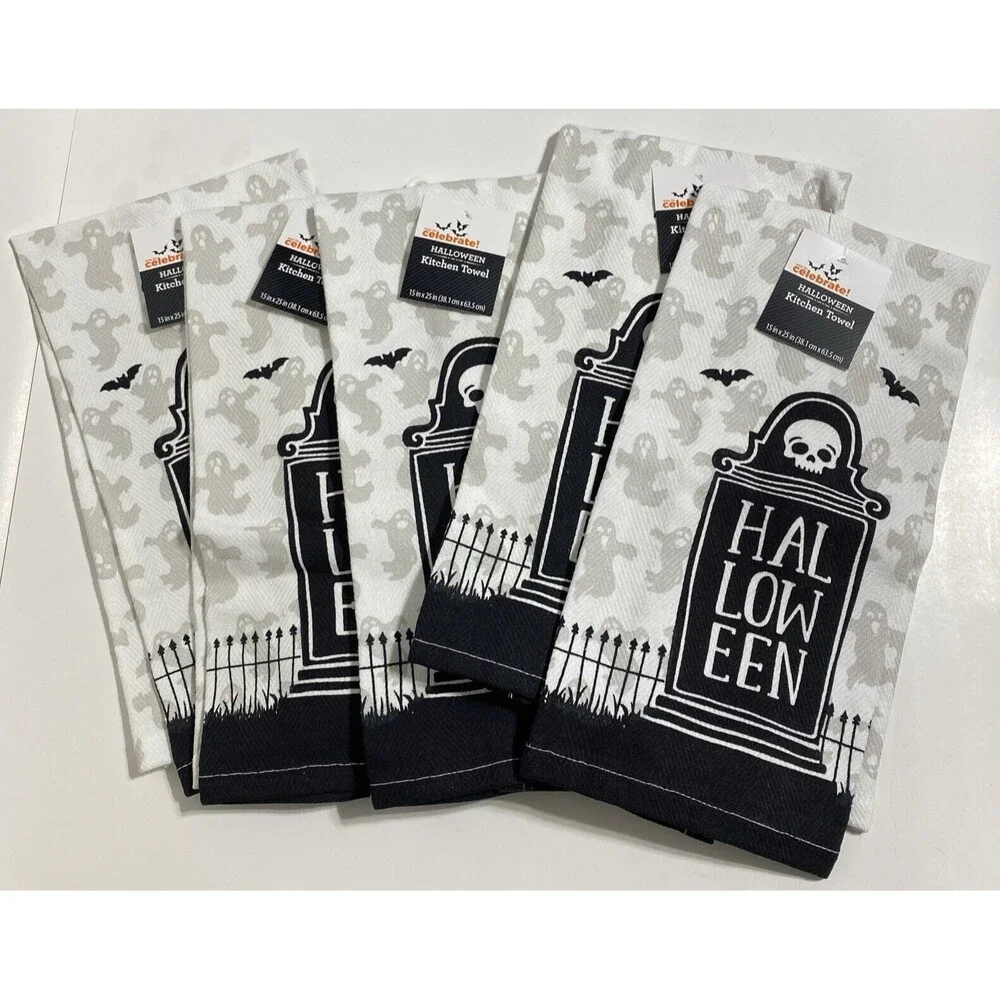 Halloween Kitchen Dish Hand Towels Spooky Scary Skull Ghost Set Festive Fun NEW